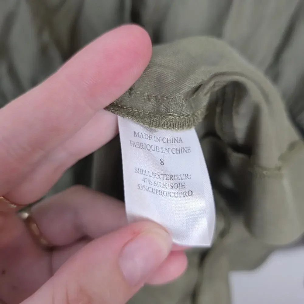 Theory Olive Green Silk Long Sleeve Mettie Elastic Waist Mini Dress Size 8‎